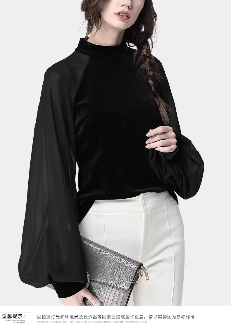 Women\'s Elegant Black Velvet Blouse - High Neck Chiffon Balloon Sleeve Office Wear Tops 2026