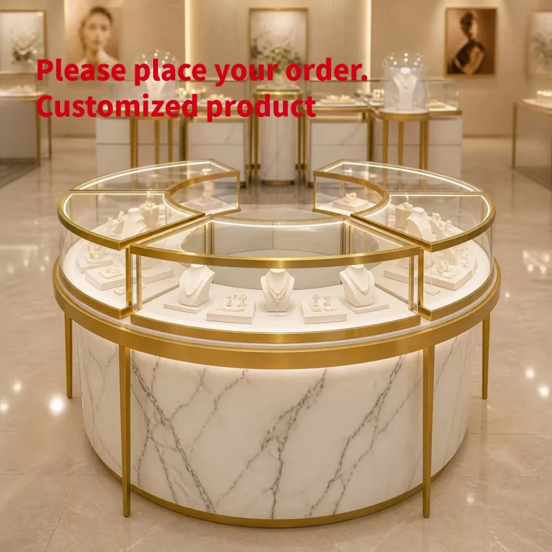 custom.Luxury Stainless Steel Jewelry Display Cabinet with LED Ceiling & Strip Lighting Curved Glass Customizable Colors Ret