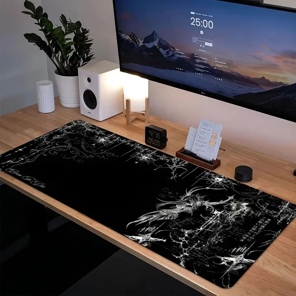 Gaming Mouse Pad Black Gothic Phoenix Line Art Large Desk Mat Non Slip Rubber Stitched Edge Keyboard Mat for Dark Aesthetic