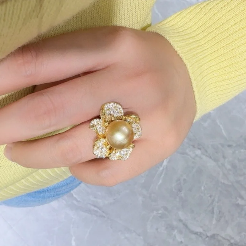 SGARIT غرامة فاخرة جنوب البحر الذهبي اللؤلؤ 2025 11-12 مللي متر 925 الفضة الذهب زهرة خاتم اللؤلؤ لحفلات الزفاف SR08 #4