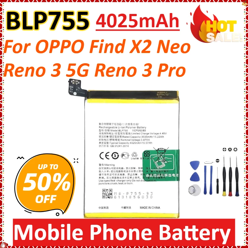 

BLP755 4025 мАч для OPPO Find X2 Neo Reno 3 5G Reno 3 Pro, недавно обновленный сменный аккумулятор большой емкости для мобильного телефона + инструменты