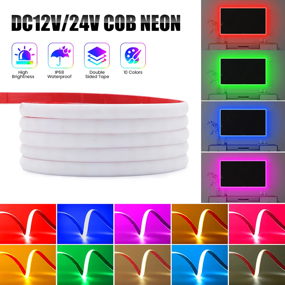 IP68 Waterproof COB LED Neon Strip Light 12V 24V with DC Plug 320 LEDs Flexible Tape Silicone Tube Lamp Liner Lighting RA90