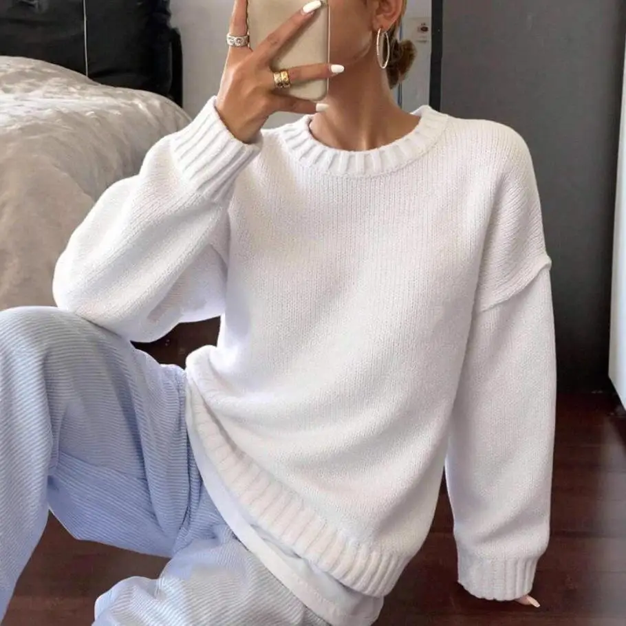Thiened Pure Color Strickpullover Long Sve Round Ne Pullover Damen Street Sle Herbst Winter Lazy Faion Top