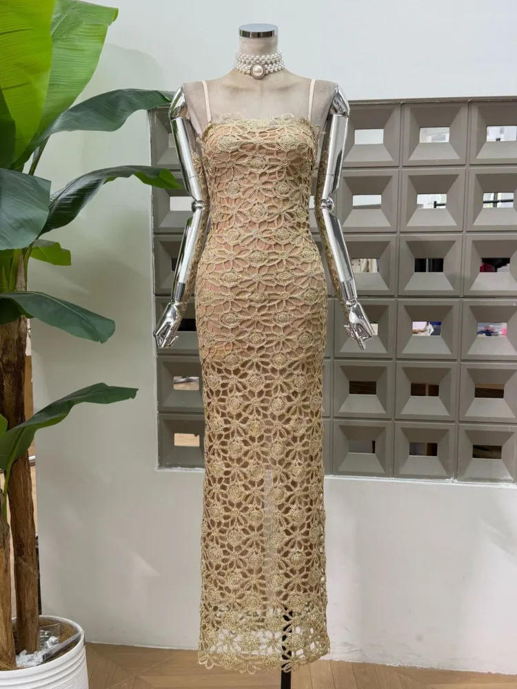 DFDG Damesjurk 2026 Lente Zomer Spaghettiband Maxi Jurk Bloemrijk Kant Doorzichtig Materiaal Bodycon Pasvorm Elegante Avondfeestjurk