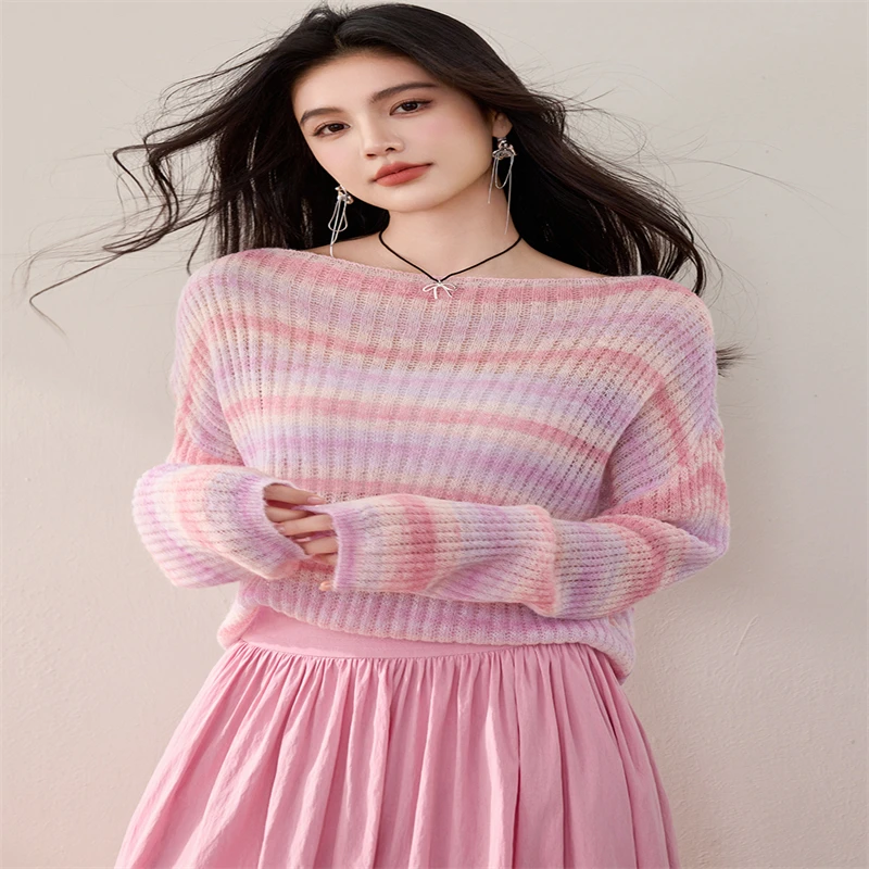 2024 Thirteen Row Autumn/winter Knitted Women's Sweater Base Layer Top Round Neck Color Blocking Striped Maillard Clothing Model