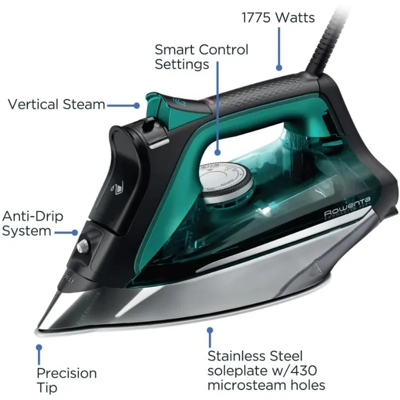 Rowenta Pro Master Stainless Steel Soleplate Steam Iron for Clothes, 210 g/min, 400 Microsteam Holes, Cotton, Wool, Poly