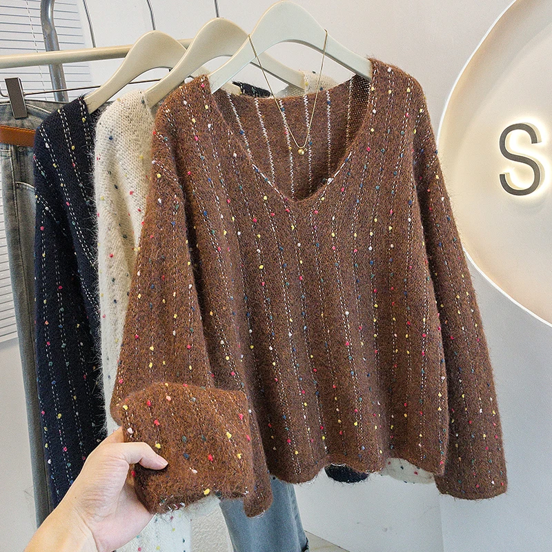 

Women's Long Sleeve V-Neck Glittering Knitted Sweater Autumn Winter Korean Faionable Casual Loose Fit Pullovers Sweaters Ladies