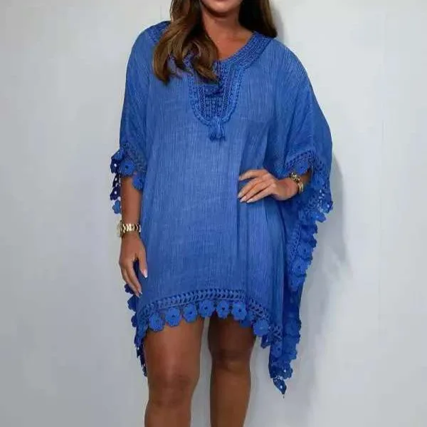 

Batwing Sleeve Lace Patchwork Mini Dress Women Summer Fashion O-neck Hollow Out Sundress Casual Loose Holiday Robe Femme