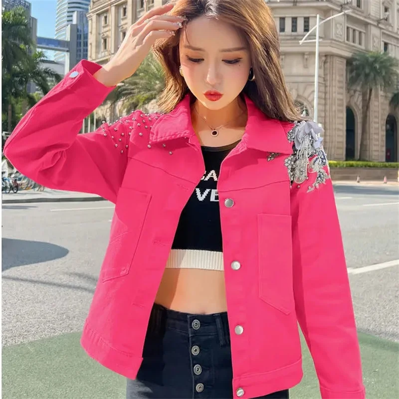 Jaket Denim pendek warna permen 2023, mantel Atasan longgar Rivet Applique jeans warna permen mawar merah kuning hijau Pink