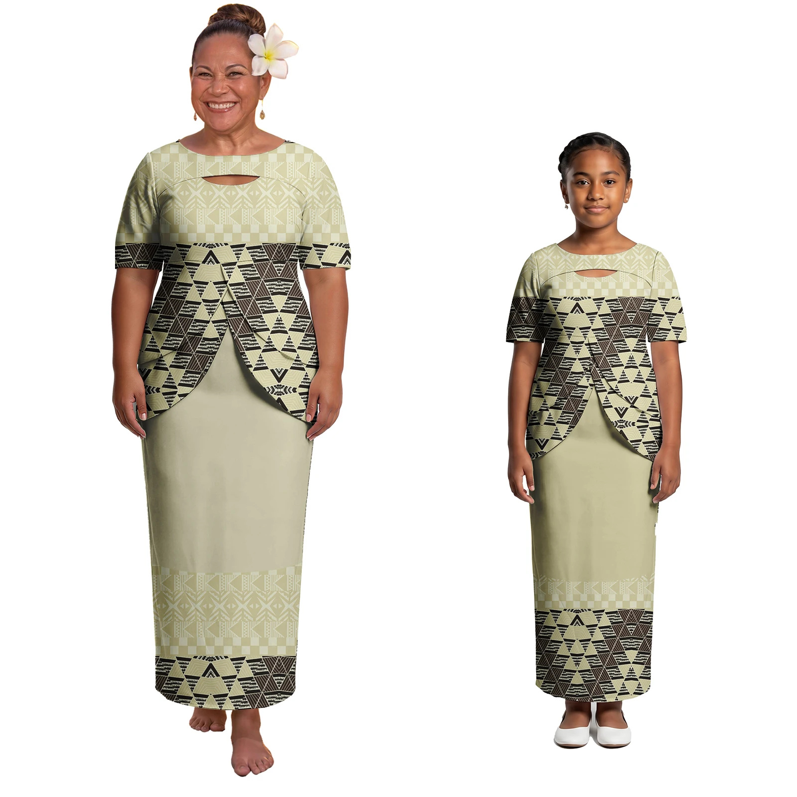 

Samoan Puletasi Match Outfits for Family Polynesian Cutout Neck Women Clothes Girl Puletasi Tapa Print Custom Mommy and Me Dress