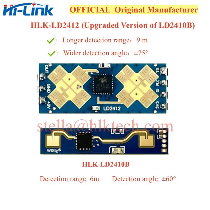 Presença Humana e Sensor de Movimento, Radar de Longa Distância e Ângulo Maior, Módulo Ranging FMCW, HLK-LD2412, 24G, 9m, LD2412