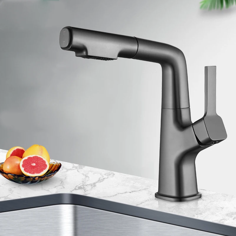 Household Hot and Cold Pull-out Faucet Bathroom Lifting Rotatable Basin Faucet Two Modes Wash Basin Pullout Faucet