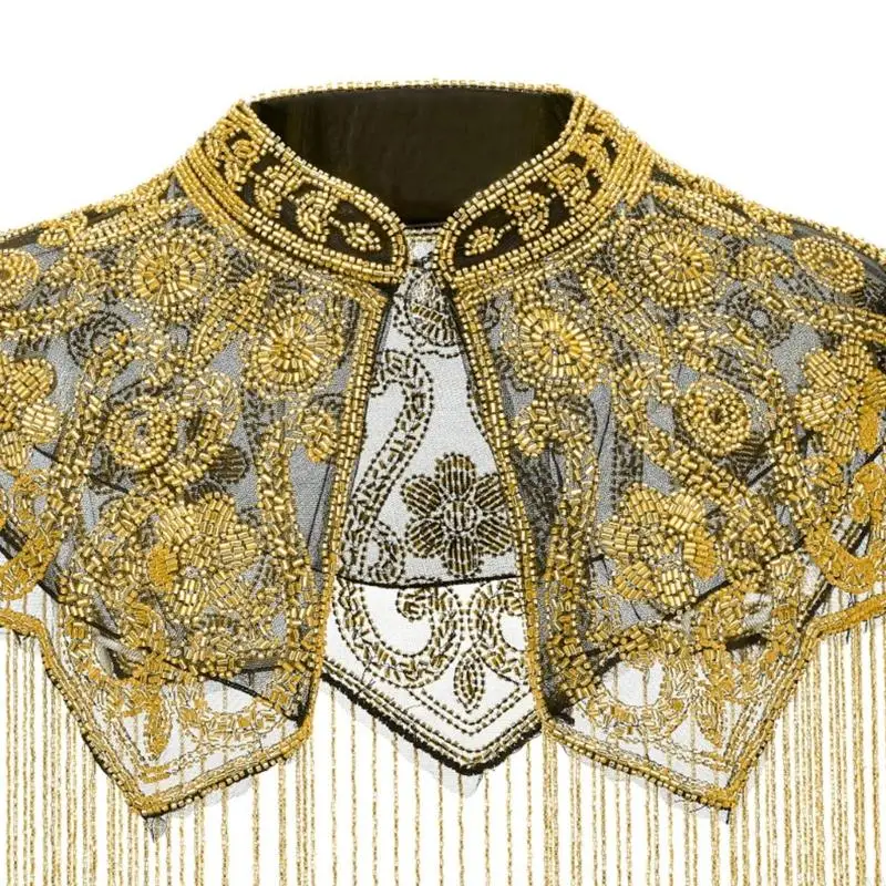 Hand-Sewn Embellished Shawl Coverup with Flowing Fringe for Evening Wear 6XDA