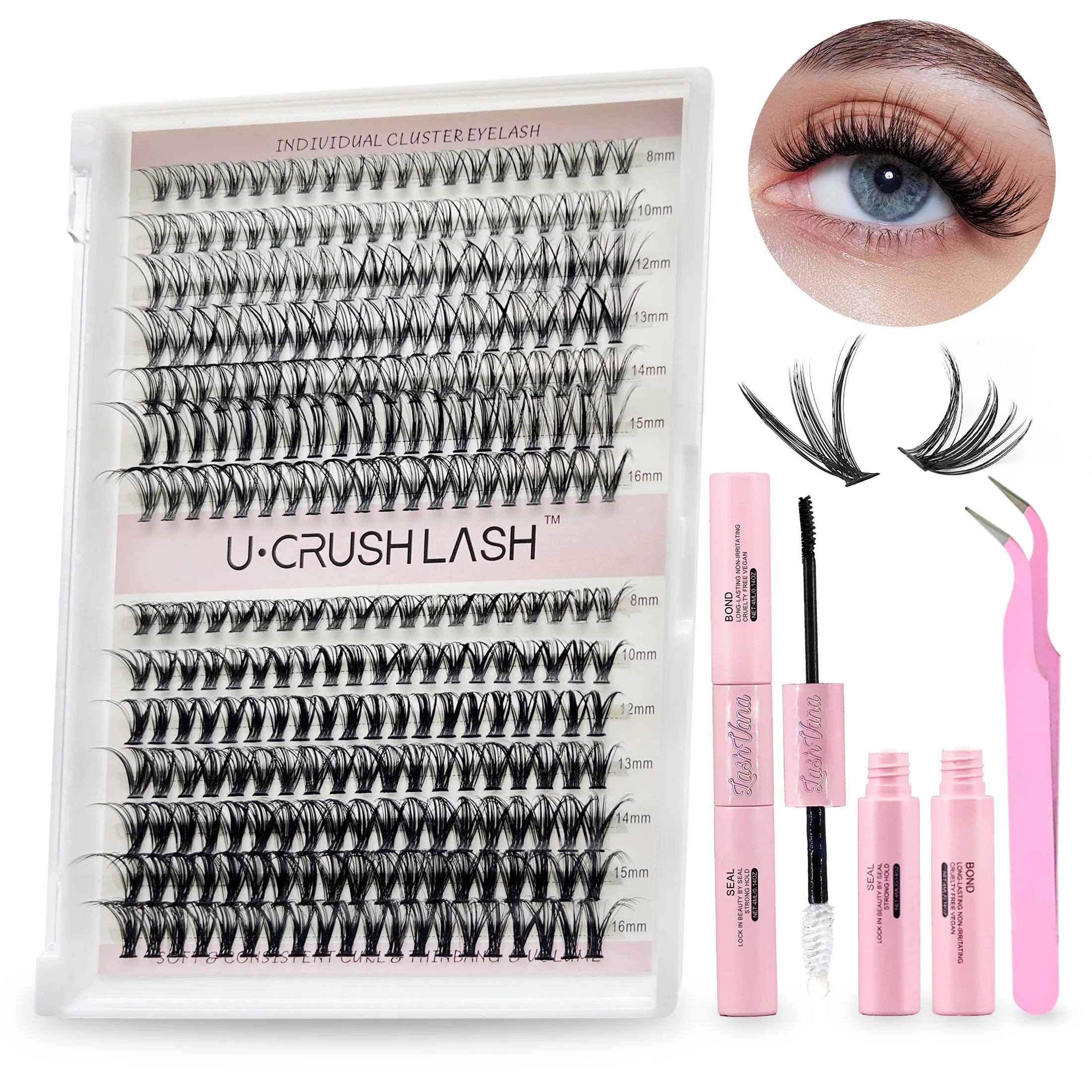 

Lash Clusters Set DIY Lashes Extension Kit Individual Eyelash Kit 5-16mm Lash Clusters with Bond and Seal and Lash Applicator