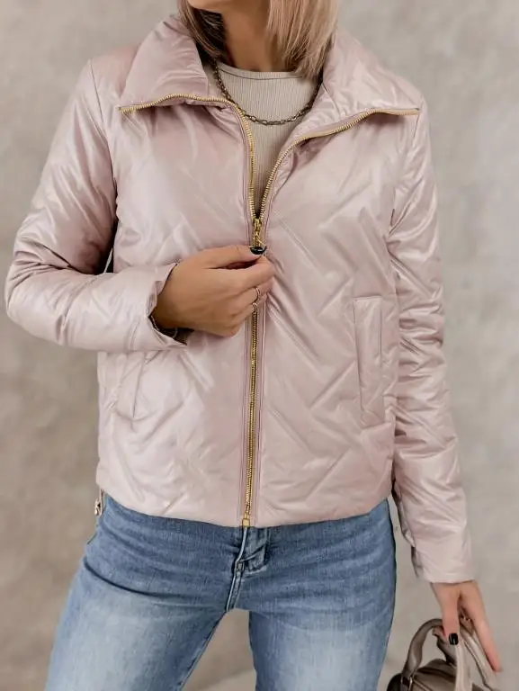 

2025 Autumn/Winter New Women's Fashion Casual Solid Color Long Sleeve Collar Elegant Zipper Warm Cotton Jacket Women's Wear
