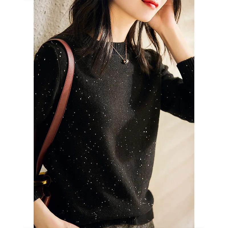 Luxury Brand Sequin round Neck Loose Knitted Base Shirt Women's Cashmere Long Sleeve Sweater Comfortable Fit Commute Style
