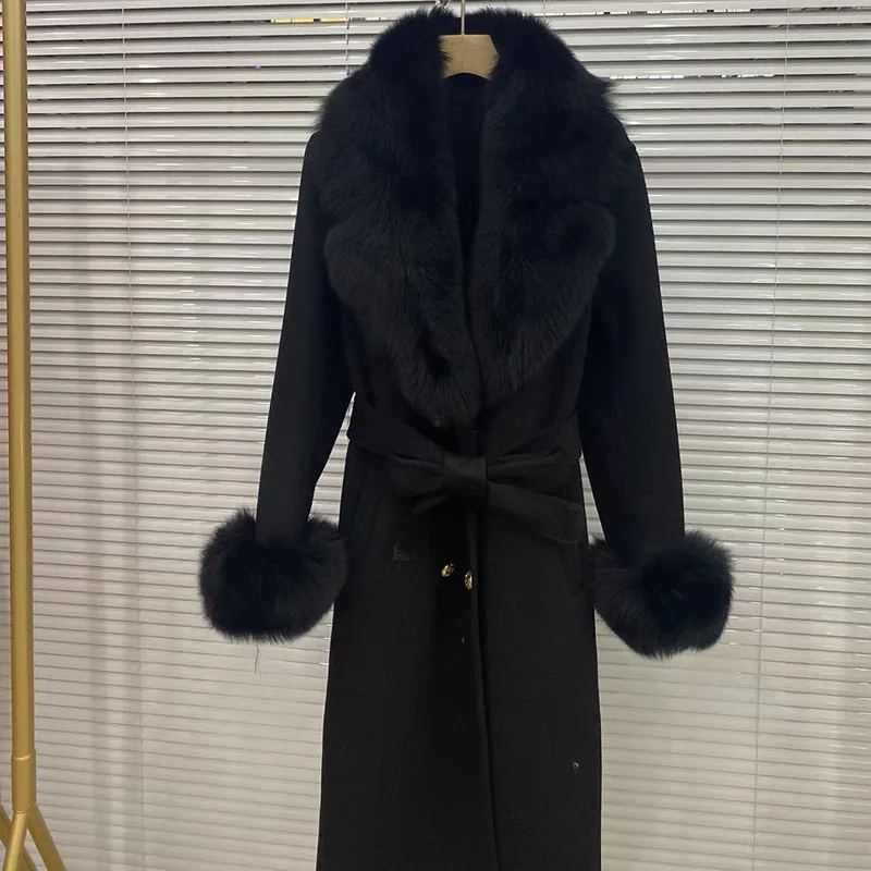 

Long Women Wool Blended Coat With Big Real Fox Fur Collar Fashion Slim Winter Wool Jacket With Belt Outwear With Fox Fur Cuff