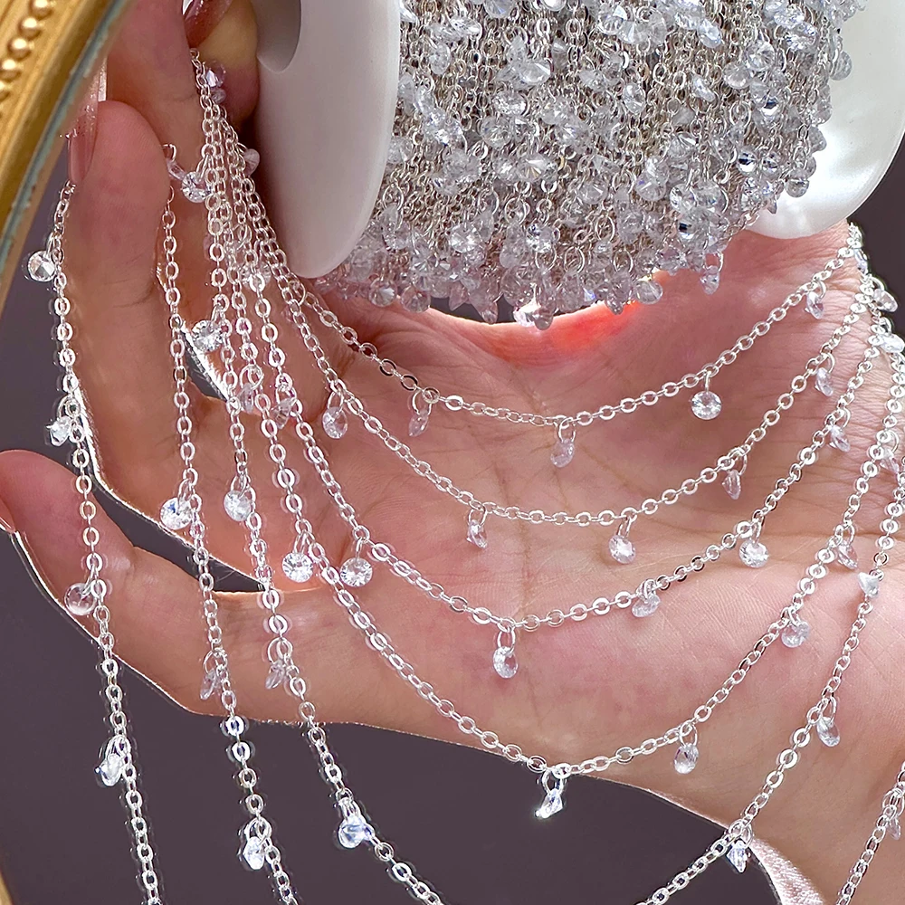 

0.5/1/2M/Lot Ice Transparent White Zircon Pure Copper Chain For DIY Handmade Bracelet Necklace Accessories Clothing Tassel Chain