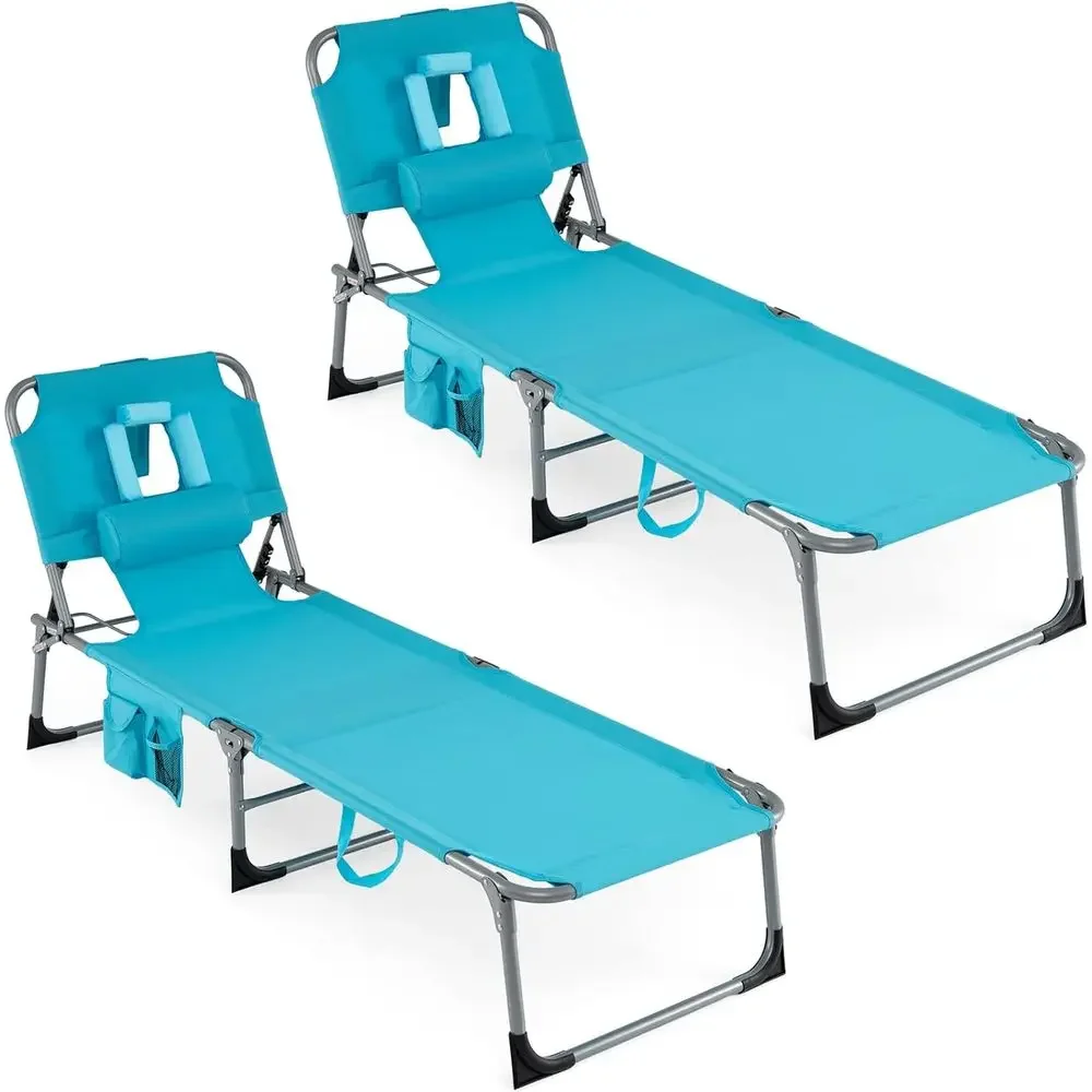 Portable 4-Position Adjustable Beach Lounge Chair with Pillow and Side Pocket, Turquoise