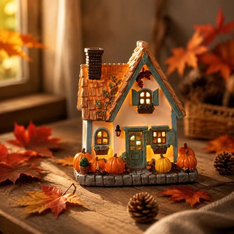  Fall Pumpkin Cottage Table Decors Resin Mini Village House Statue with LED Light