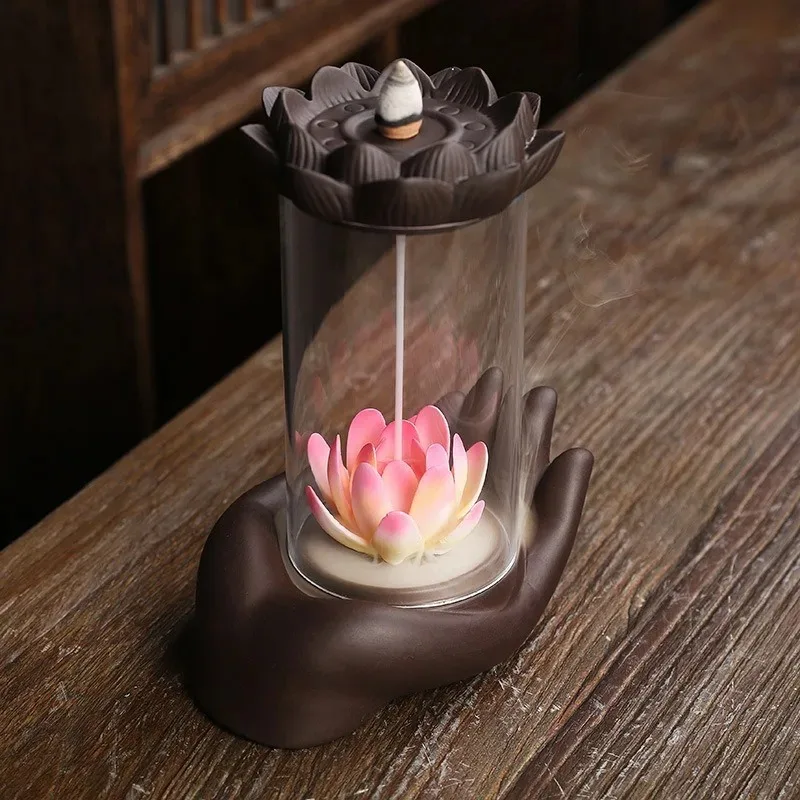 

Purple Sand Smoke Backflow Incense Burner Creative Windproof Cover Bergerot Lotus Aroma LED Lamp Decoration Original Incense