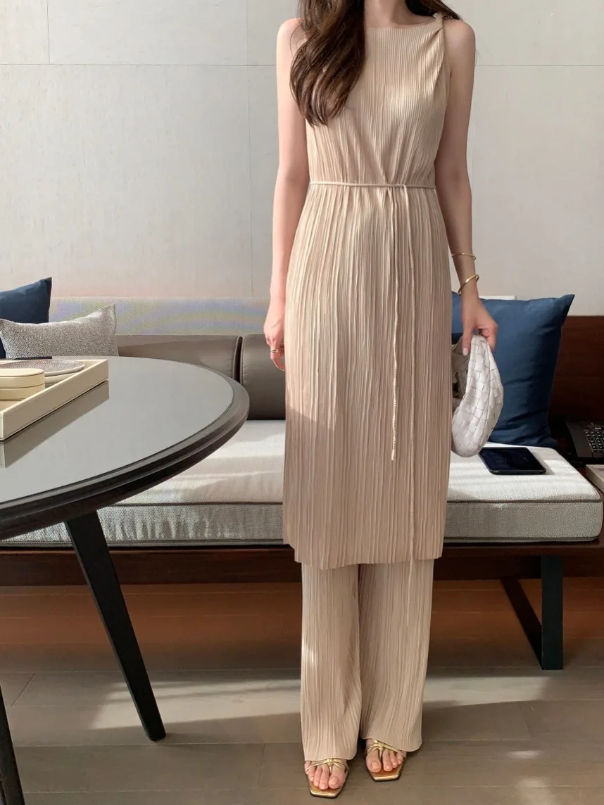 

Шикарный летний дизайн, жилет средней длины с узлом, повседневные плиссированные длинные брюки, комплект из двух предметов для женщин, повседневный, удобный, дышащий