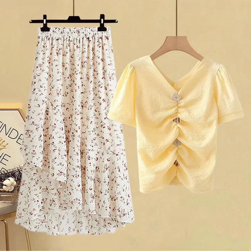 Women\'s Shirts Long Dress Two Piece Suit Summer Foreign Style High Waist A-line Skirts Sets Korean Fashion School Casual Clothes