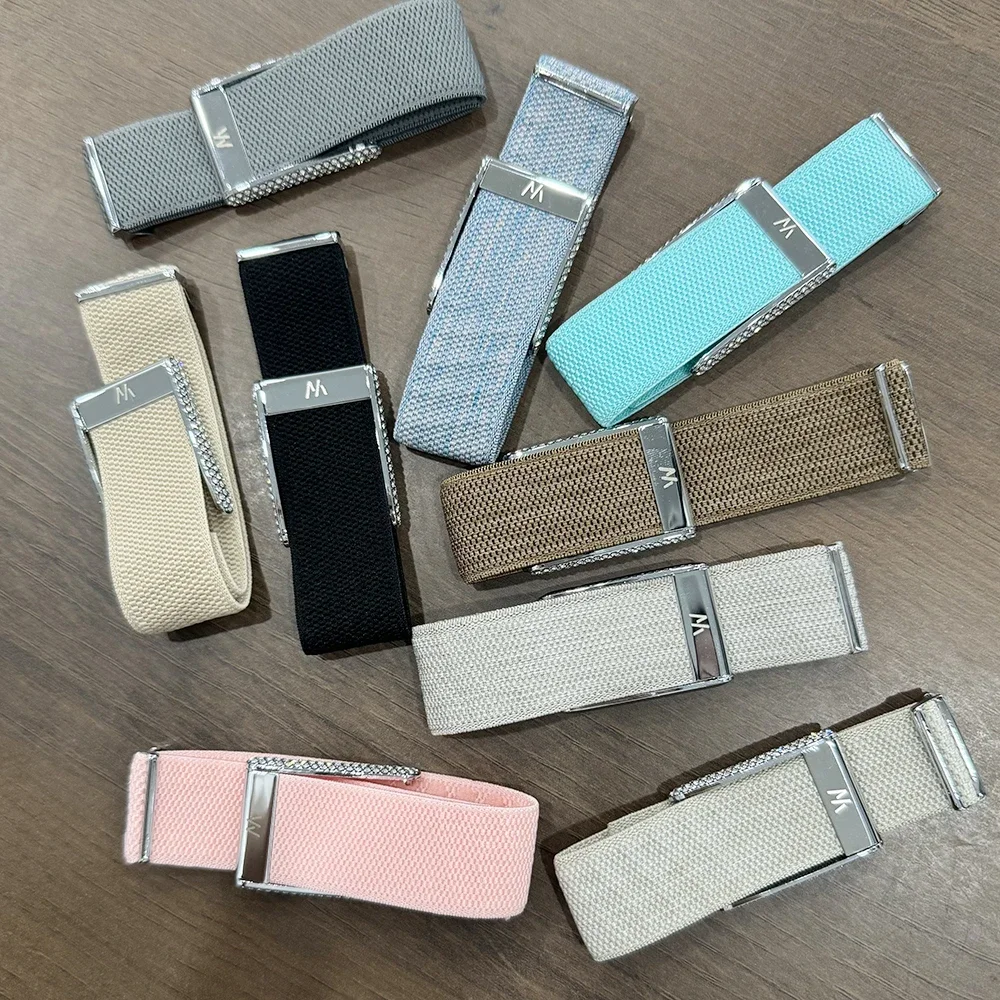 Hot Design Diamond-Embedded Whop5.0 Nylon Woven Elastic Casual Wristband with Full-Diamond Bright Gold Silver Metal U-Frame