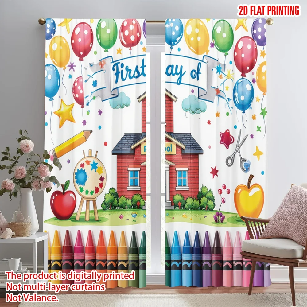 

2D flat printing 2pcs Party Window Curtains First Day Preschool Fun Digital Printed Polyester Drapes Holiday Decorations for
