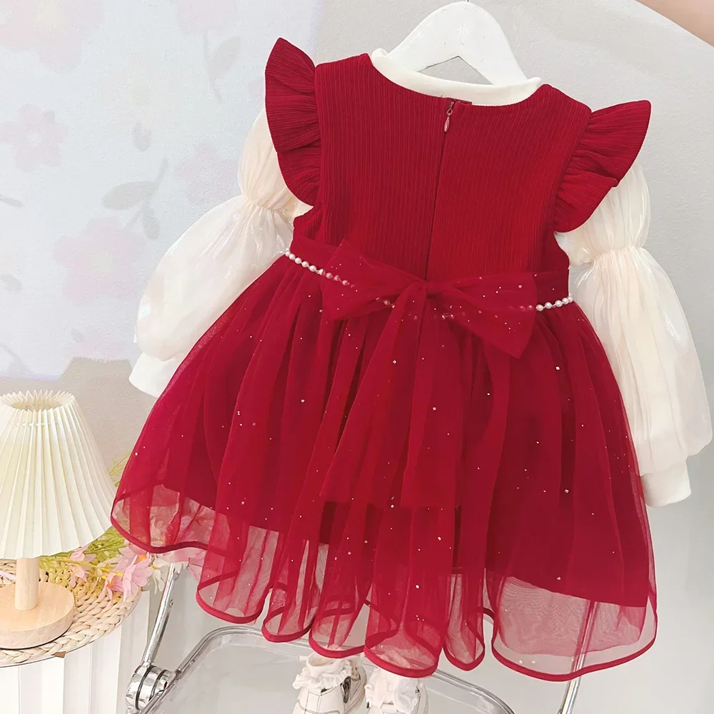 2023 Winter Baby Girl's Clothes Dress For Newborn Christmas 1st Birthday Velvet Thick Warm T-Shirt+ Strap Dress Suits 1-4years