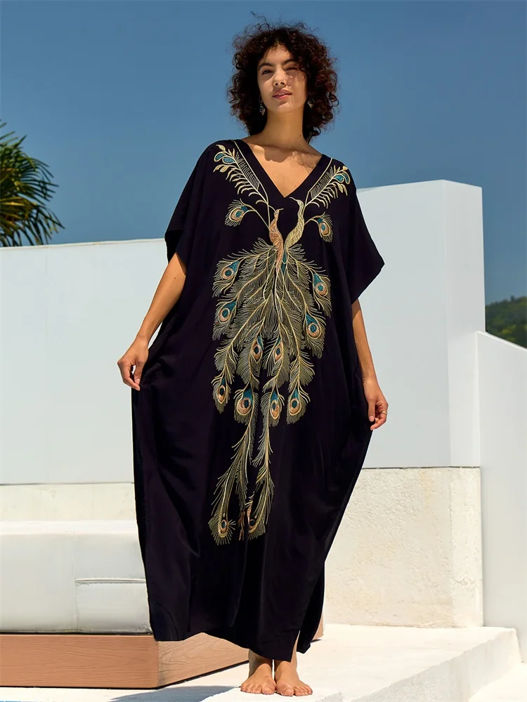 Chic Gold Phoenix Plume Embroidered Dress Plus Size Black Kaftan 2024 Summer Vacation Women Lounge Wear Swimsuit Cover Up Q1689