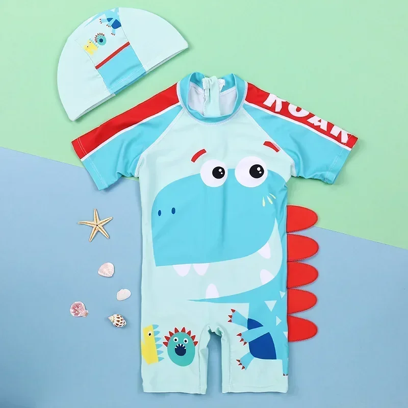 New Boys One-Piece Swimwear Cartoon Print Quick-dry Children Swimsuit Large&Small Kid Beach Flat Corner Sunscreen Male Baby Suit