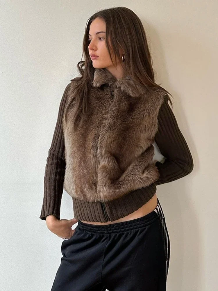 

Fmxires Plush Splicing Short Jacket Coat Women's Solid Zipper Lapel Long Sleeve Casual Jacket Autumn Winter Fashion Warm Coat