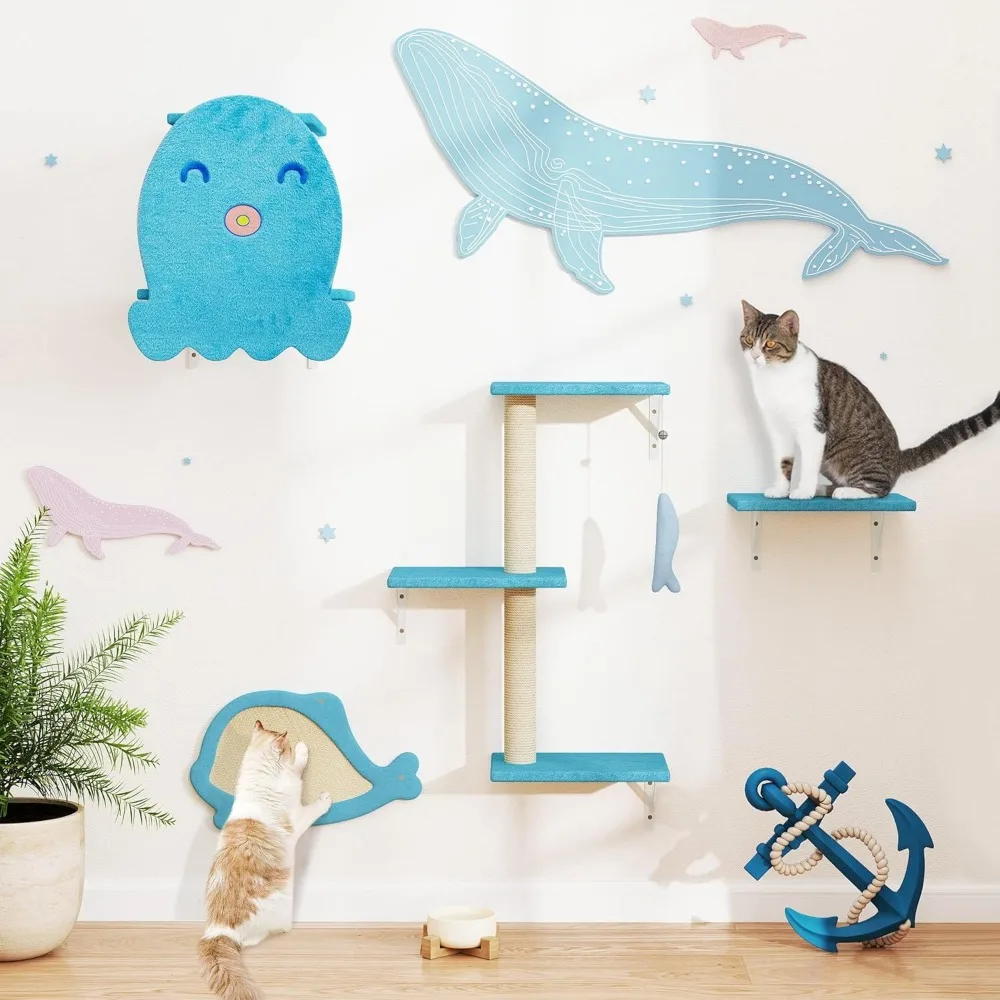 Juego de árbol para gatos de 4 piezas montado en la pared: casa para mascotas de madera resistente, tablero para rascar, plataformas, postes de sisal, dije de pez azul, ideal para