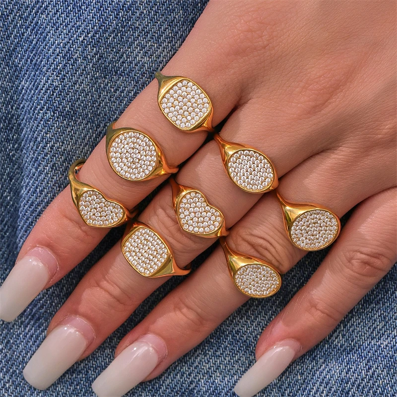 

Ourfuno Stainless Steel Iced Out 5A Zircon Heart Round Rings For Women Luxury Party Wedding Rings Simple Fashion Jewelry Gift