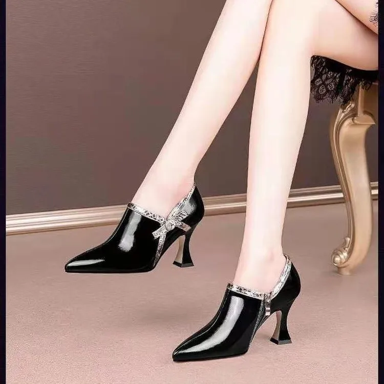 2022 NEW Fashion Spring Shoes Women Pumps High Heels Pointed Toe Bowtie Side Zip Female Footware Black Green Shoes