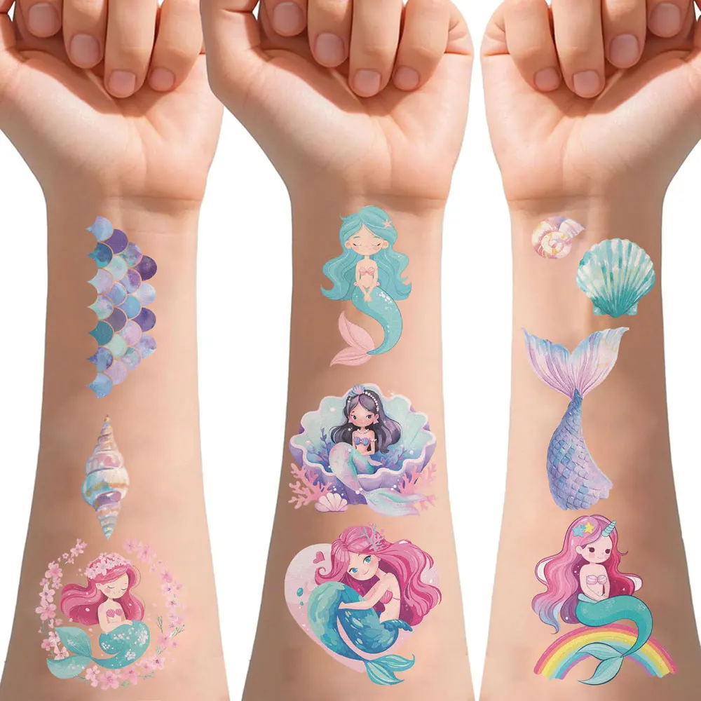 10 Sheets Mermaid Tattoo Stickers Waterproof Cartoon Temporary Tattoos For Women Men Shells Jellyfish Fake Hand Tattoo Body Art