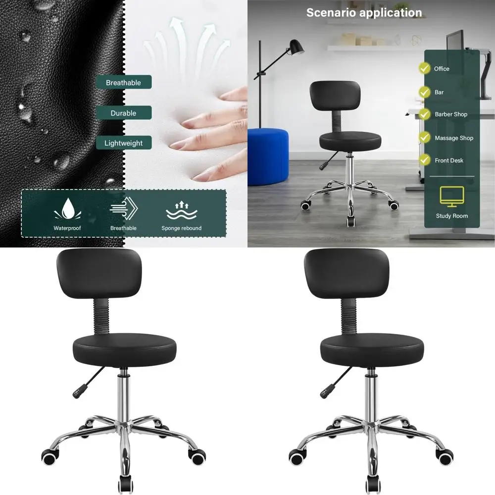 

Adjustable Backrest Ergonomic Swivel Stool with Padded Seat and Wheels, Ideal for Home Office, Kitchen, or Studio, Black