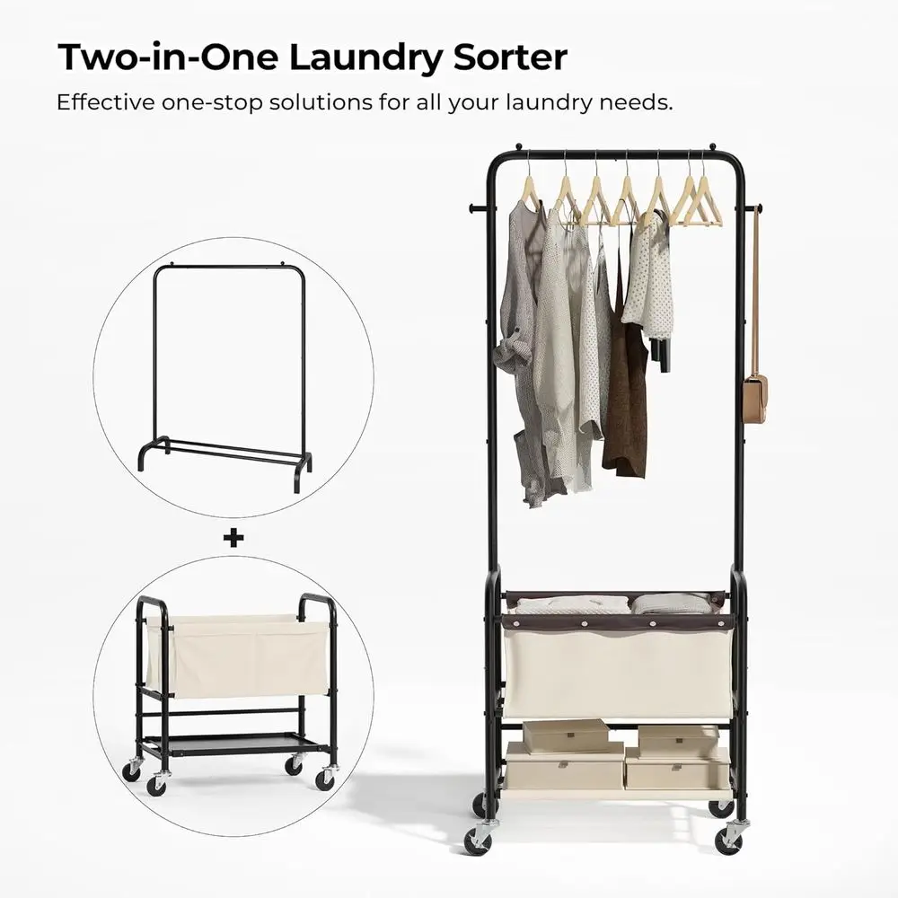 عربة غسيل دوارة باللون البيج مع قضيب تعليق وسلة تخزين للفرز #5