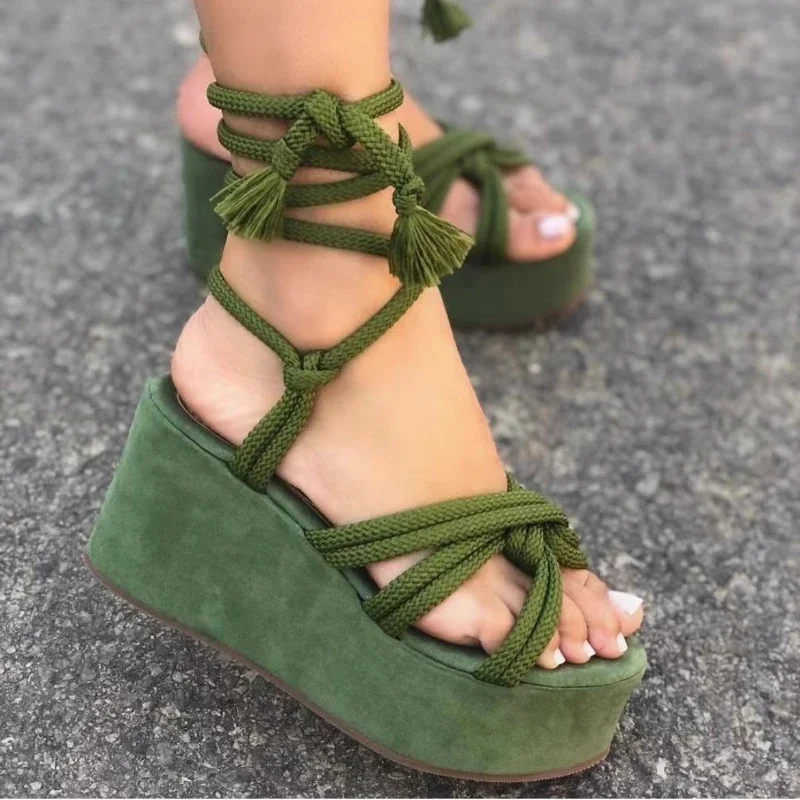 Women\'s Sandals Summer New High Heels Round Head Open Toe Twine Strap Sandals Casual Fashion Increase Flat Sandals