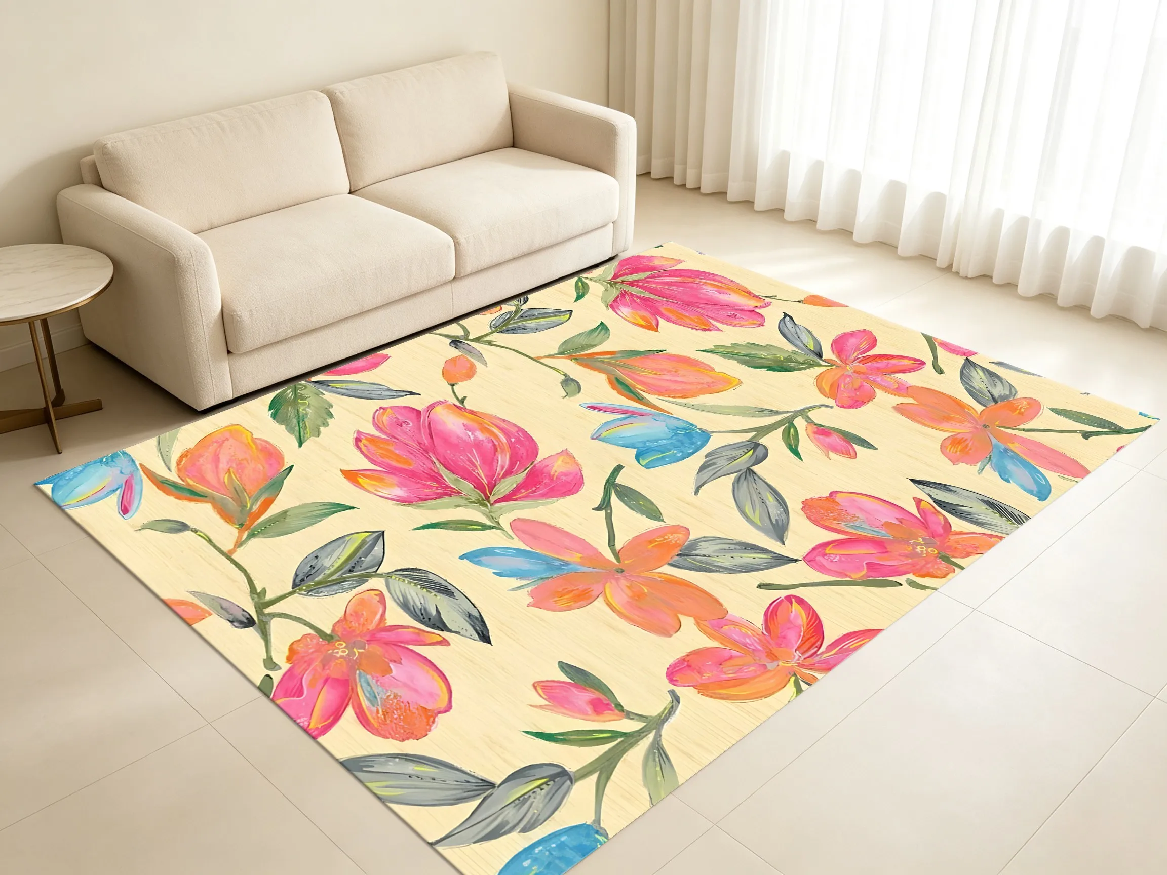 Watercolor Hand-Painted Floral Rug, Fresh Pastoral Carpet for Living Room Bedroom, Cozy Home Decor