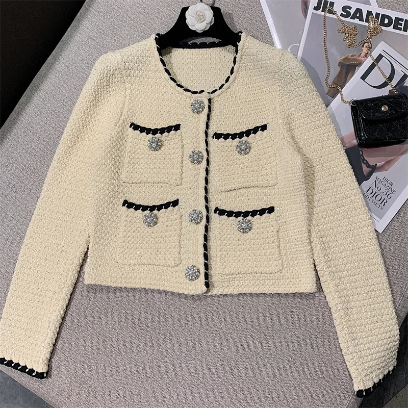 High Quality Women Fashion Spring Elegant Temperament Drill Button Knitted Cardigan Short Jacket + Mini Skirt Two-piece Set Suit