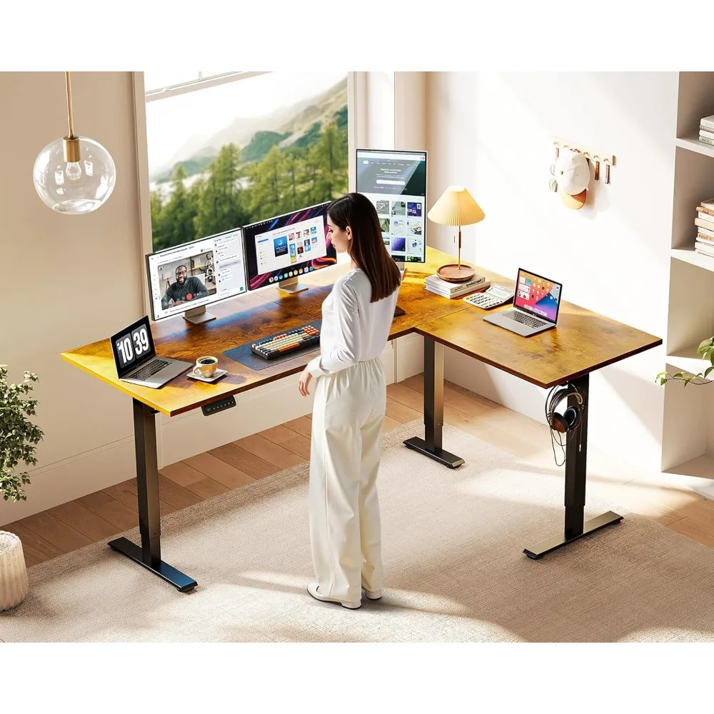 مكتب كهربائي على شكل حرف L مقاس 63 بوصة، مكتب قائم زاوية بارتفاع قابل للتعديل، طاولة رفع كبيرة مريحة #2