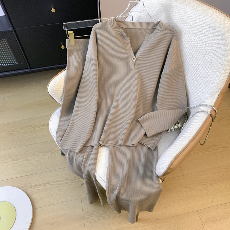 Casual Knit Two Pieces Suits Women Long Sleeve Hoodie+Wide Legs Pants Solid Winter Elastic Loose Sweater 2pcs Set