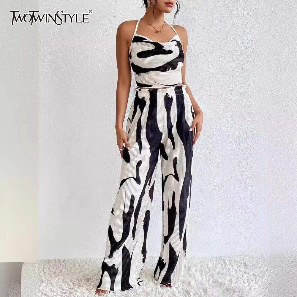 

TWOTWINSTYLE Hit Color Two Piece Set for Women Square Neck Sleeveless Top High Waist Pant Sets Female Fashion Style