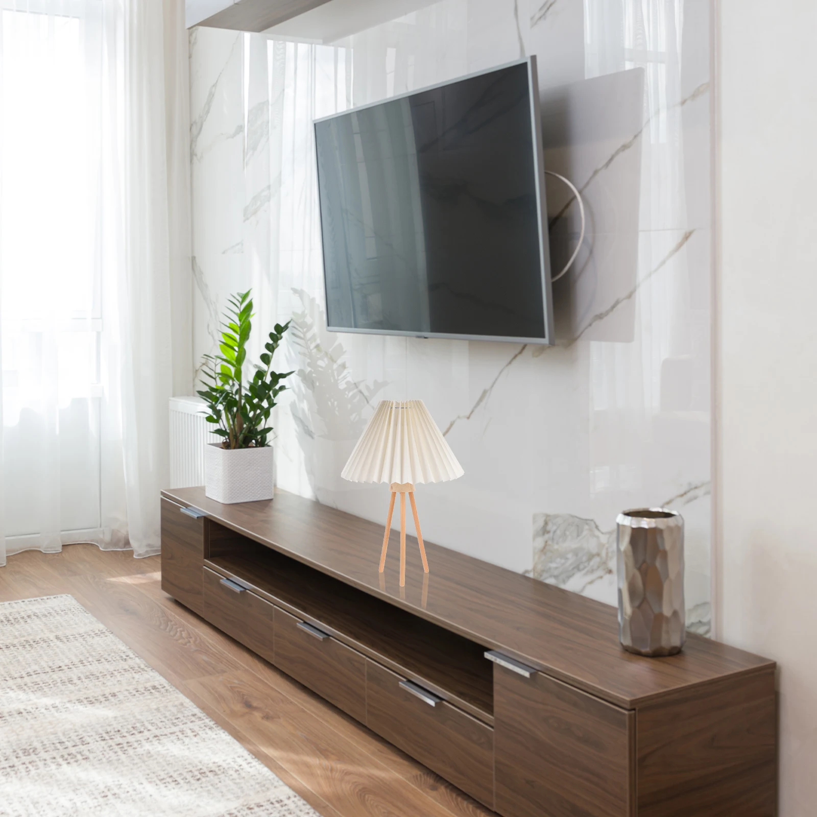 

Retro Pleat Bedside Table Bedroom Lamp Adornment Lamp Warm Light Remote Control Adjustable Nordic Style Wooden Base