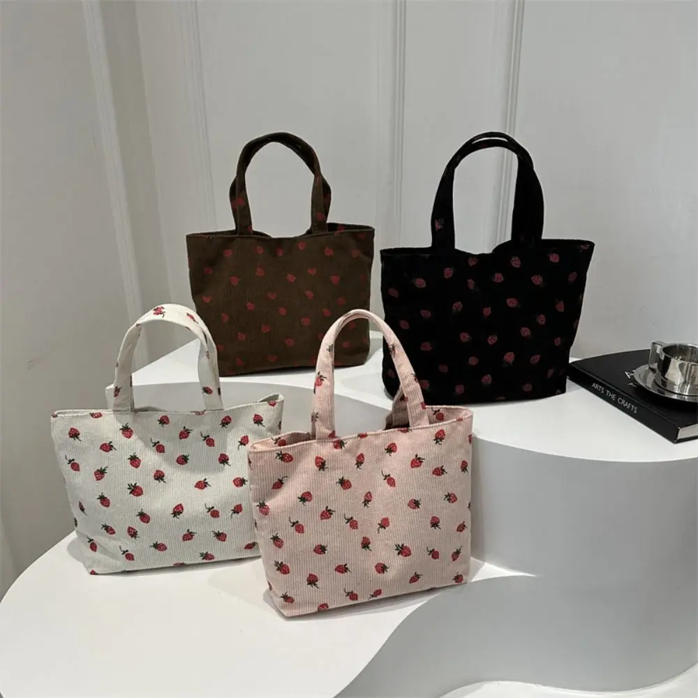 Strawberry Print Women Shoulder Bag New Corduroy Large capacity Shopping Bag Solid Color Handbag Tote Bag