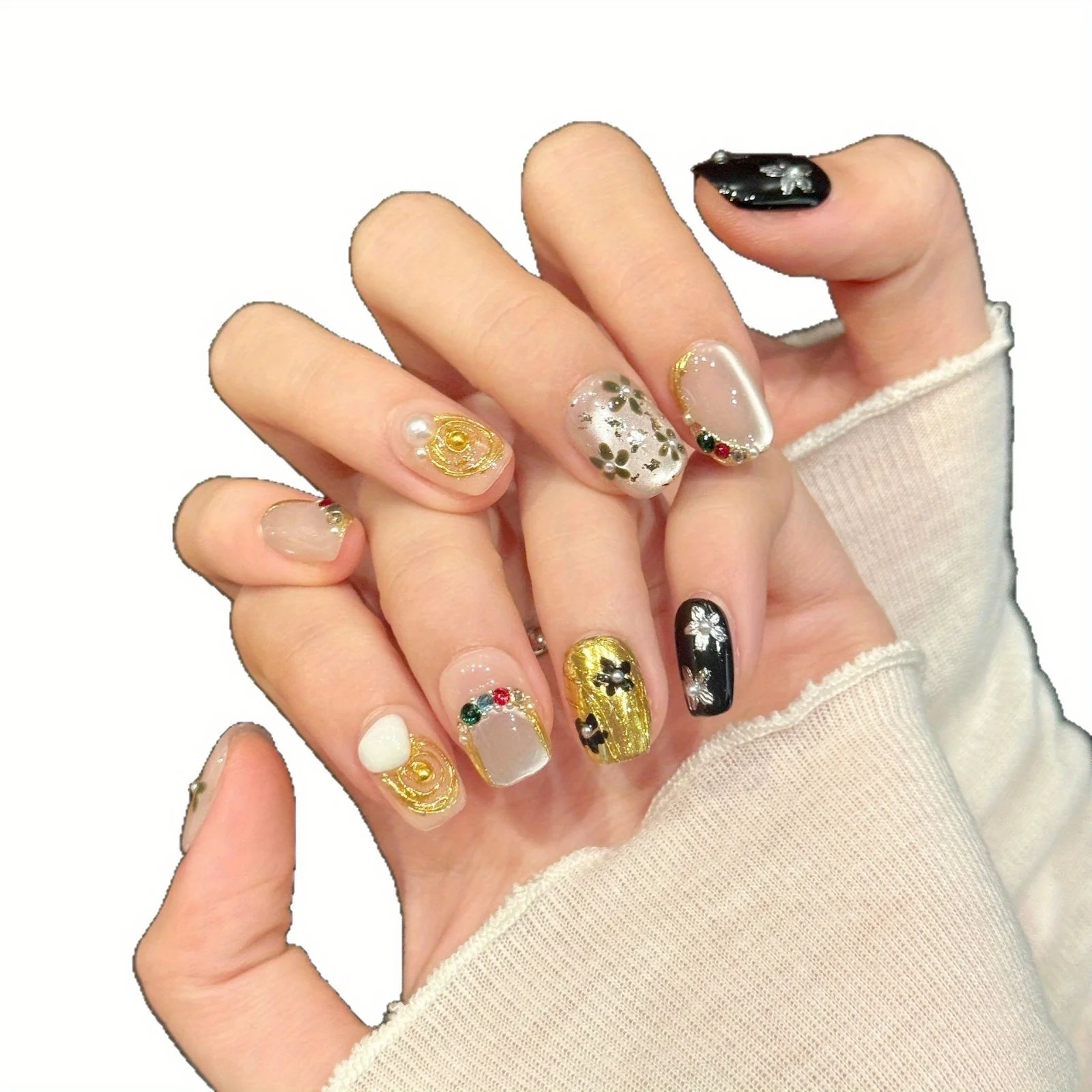 10 pezzi di unghie a pressione fatte a mano, punte per unghie con fiori di perle metalliche di ispirazione barocca per donne e ragazze, unghie finte indossabili rimovibili