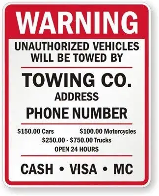 Wall Decor Art Print 8x12,Unauthorized Vehicles Will Be Towed by Towing Co. Address Phone 150.00,Plaque Art Great Metal Tin Sign