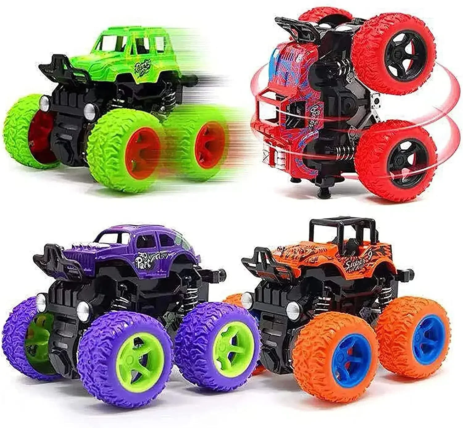 Monster Trucks Pull Back Vehicles Cars 360° Rotation 4 Wheels Drive Durable Friction Powered Push and Go Toys Truck Playset